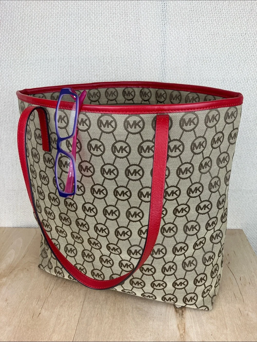 Michael Kors Montauk Large Tote Bag Beige Monogram Red Leather Trim